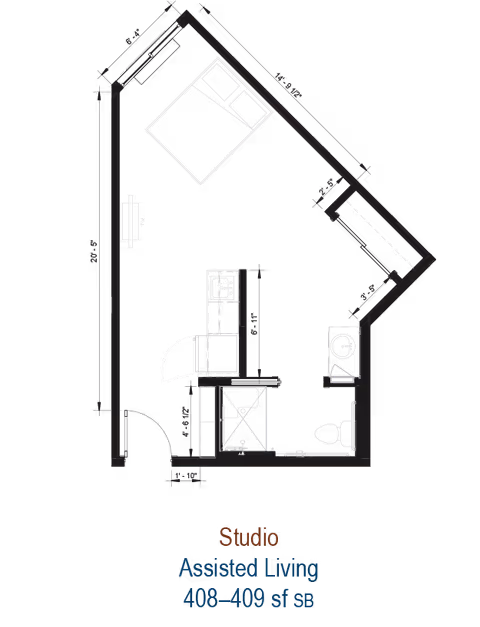 Architectural floor plan of a studio assisted living apartment showing a combined living and sleeping area with a bed and TV, a small kitchen with a sink and stove, and a bathroom with a shower, toilet, and sink.