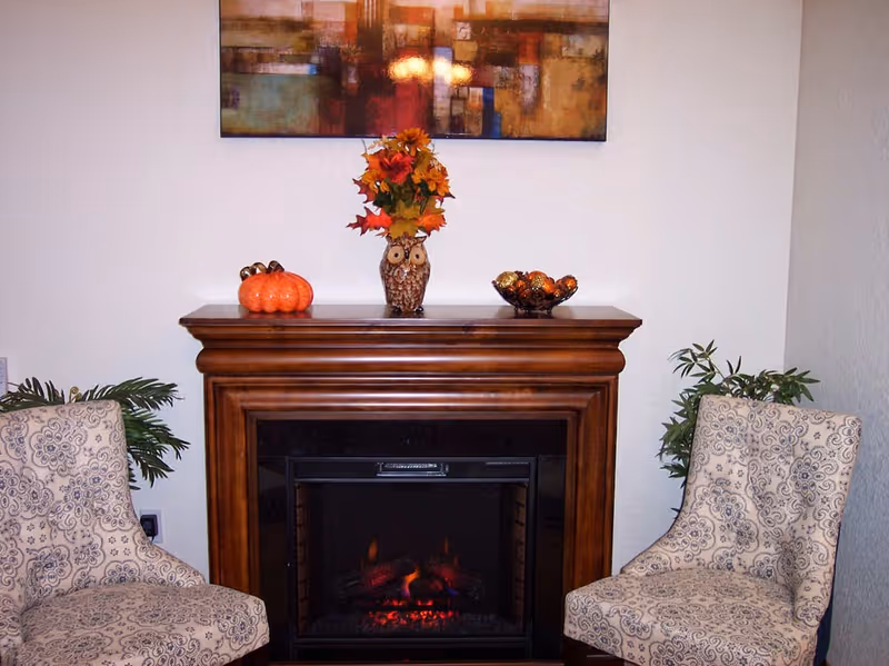 A cozy interior setting featuring a wooden electric fireplace with a decorative owl vase holding autumn leaves on top, flanked by two patterned armchairs and green plants on either side. Above the fireplace hangs a colorful abstract painting.