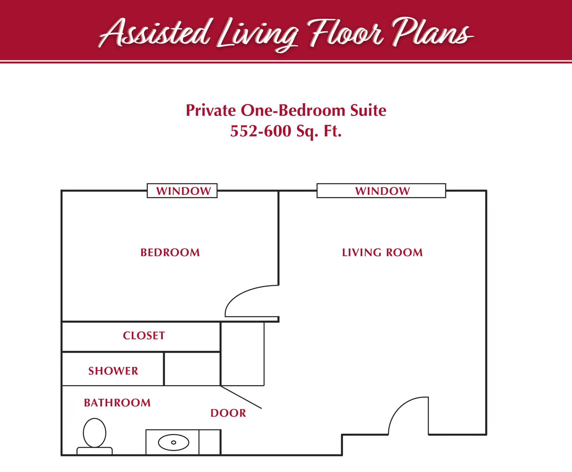 Floor plan of a private one-bedroom suite at Cascades of Grass Valley, showing a bedroom, living room, closet, shower, and bathroom with labeled windows and door. The suite size is 552-600 square feet.