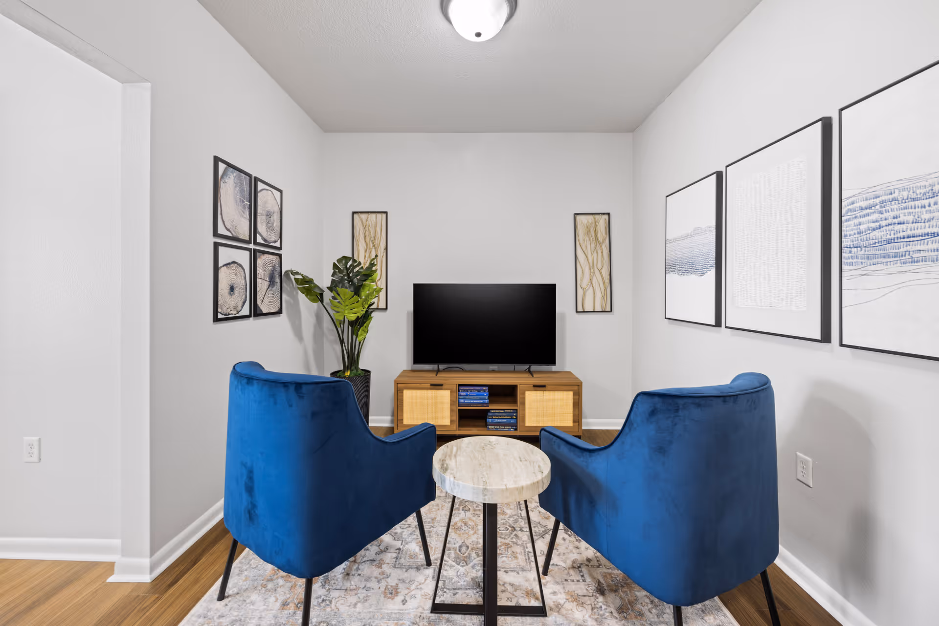 A small living room area with two blue velvet armchairs facing a flat-screen TV on a wooden TV stand. A small round marble-top table is placed between the chairs. The walls are decorated with framed abstract art, and a potted plant is positioned next to the TV stand. The floor has a patterned rug over wooden flooring.