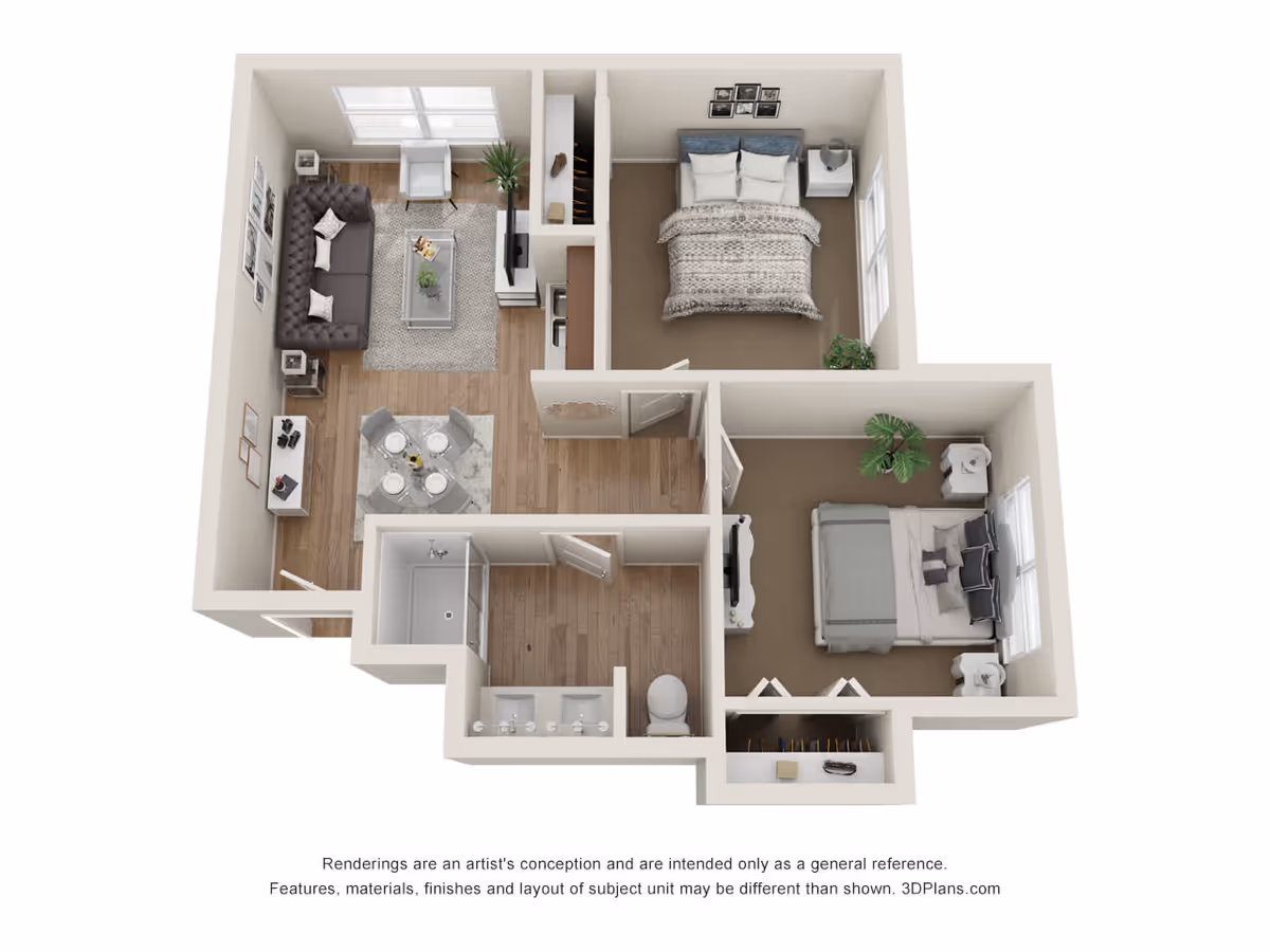 3D floor plan of a two-bedroom apartment featuring a living room with a sofa, armchair, coffee table, and TV, a dining area with a round table and four chairs, a kitchen area, two bedrooms each with a bed and nightstands, and a bathroom with a shower, double sink, and toilet.