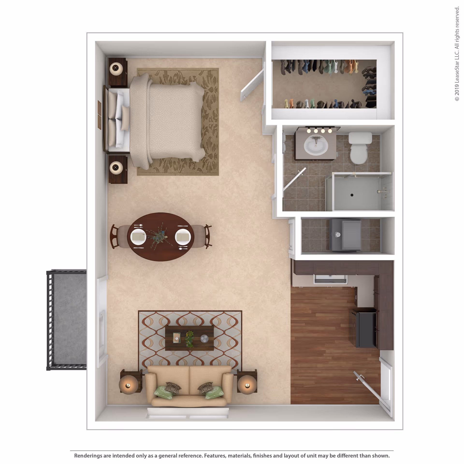 Top-down furnished studio apartment floor plan showing a bed, living area, dining table, kitchenette, bathroom, closet, and small balcony.