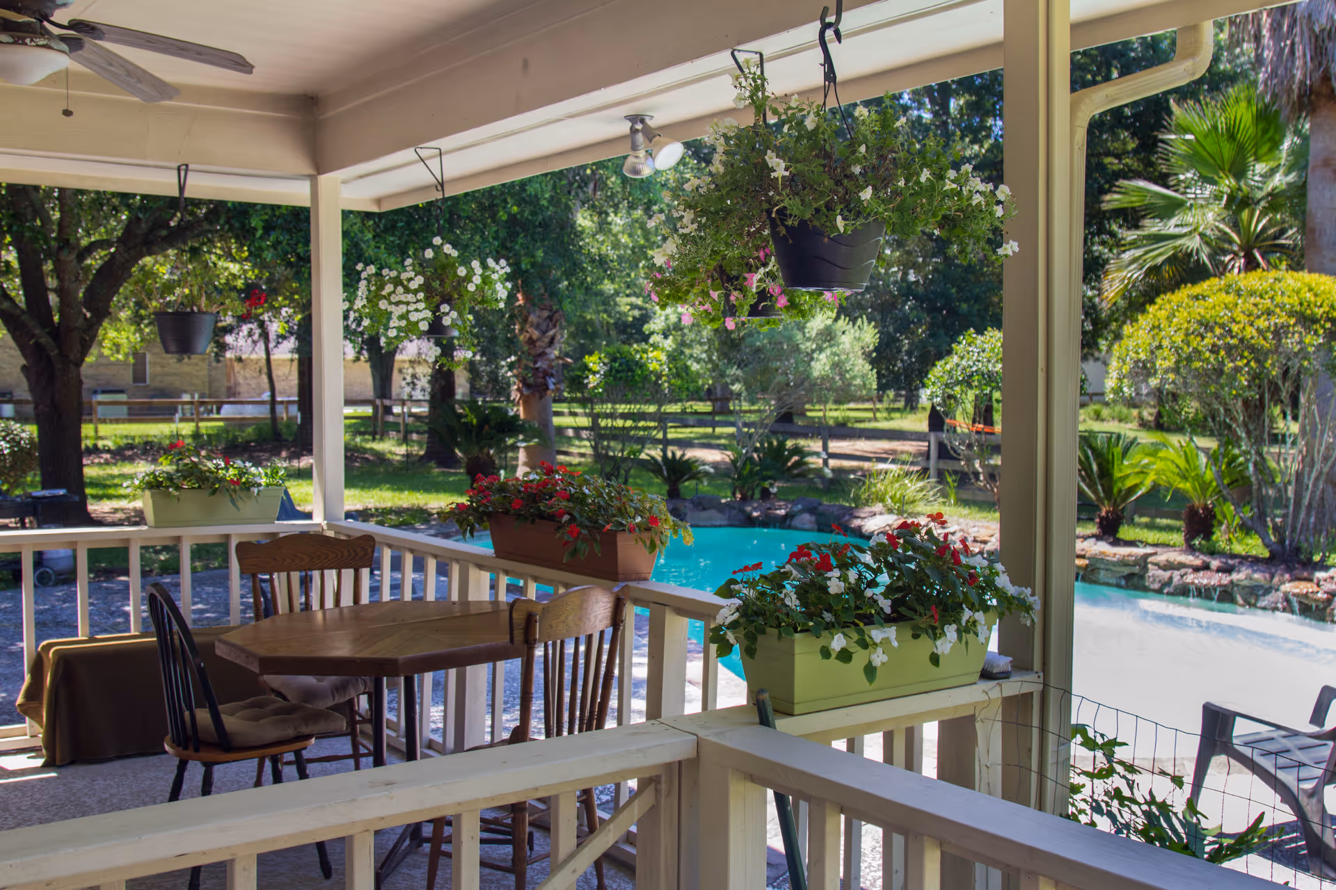 Covered outdoor patio area with a wooden table and chairs, surrounded by hanging and potted flowering plants. Beyond the patio is a swimming pool and a lush garden with trees and shrubs.