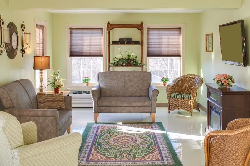Sunlit sitting room with sofas and wicker chairs arranged around a patterned rug, TV, and decorative plants in front of three windows.