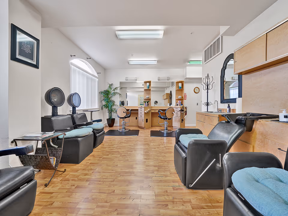 Empty salon area with styling chairs, hooded hair dryers, wash basins and mirrors in a bright interior room.