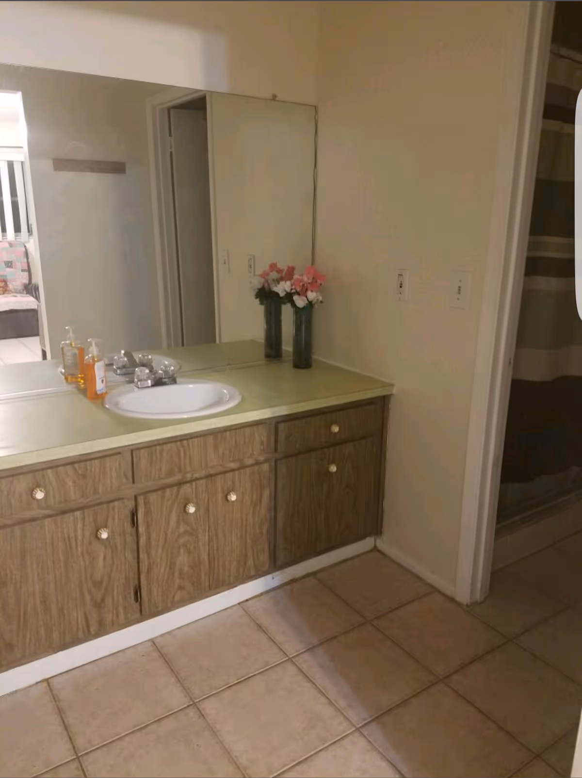 Bathroom vanity with a sink, soap dispensers, and a vase with pink and white flowers on the countertop. A large mirror is mounted on the wall above the vanity. The floor is tiled, and a shower curtain is partially visible to the right.
