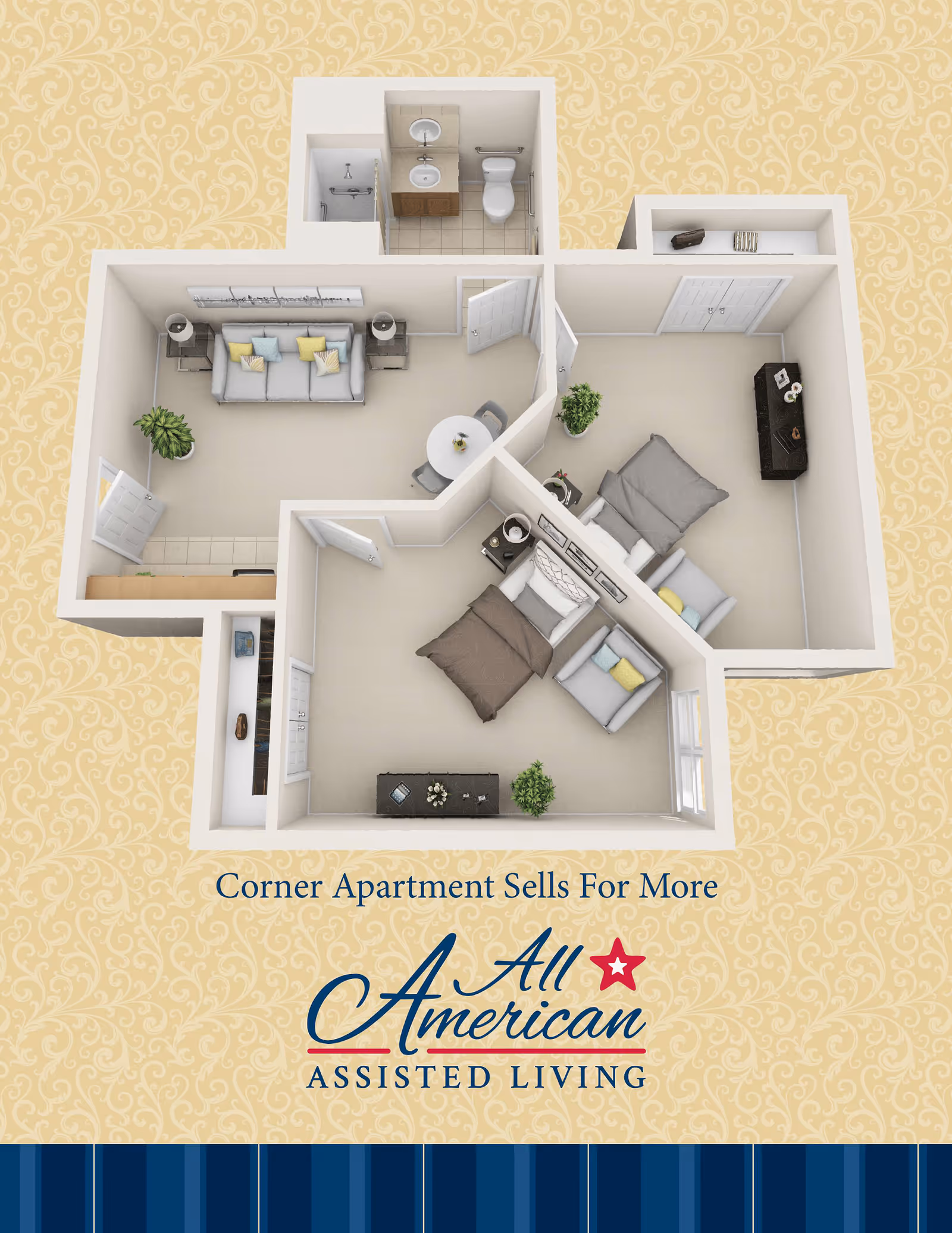 3D floor plan of a corner apartment showing a living room with a sofa and side tables, a small dining area with a round table and chairs, a bathroom with a sink and toilet, and two bedrooms each furnished with beds, nightstands, and additional seating or storage furniture.
