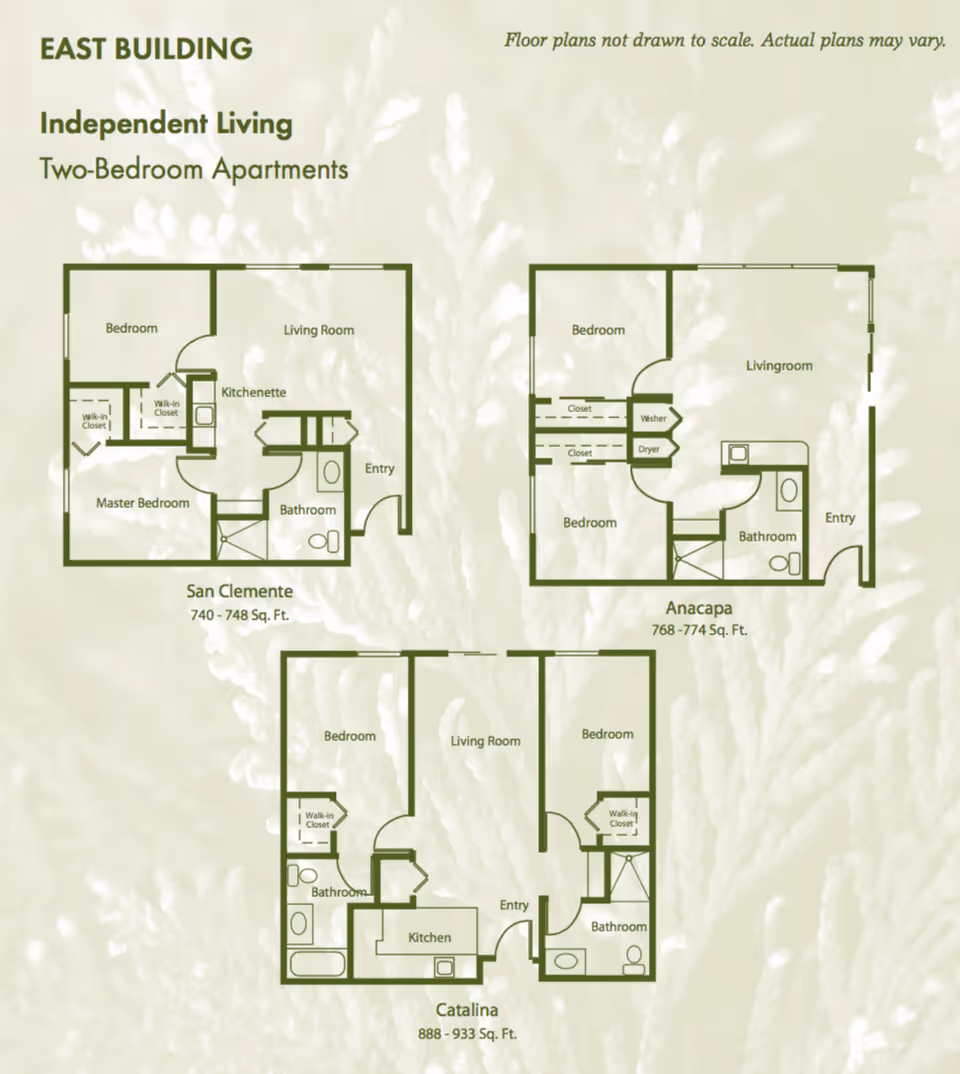 Floor plans for Cypress Place East Building Independent Living two-bedroom apartments, showing layouts for San Clemente, Anacapa, and Catalina units with labeled rooms including bedrooms, living rooms, kitchens or kitchenettes, bathrooms, closets, and entryways.