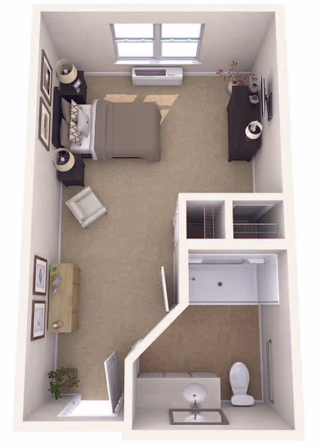 Top-down rendered studio apartment floor plan showing a bed area with nightstands and dresser, a small seating area, closet space, and a bathroom with shower, sink, and toilet.