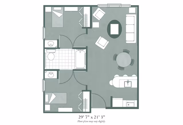 Floor plan of a residential unit showing two bedrooms, one bathroom, a living room with seating and a coffee table, a dining area with a round table and four chairs, and a kitchen with a sink and counter space.