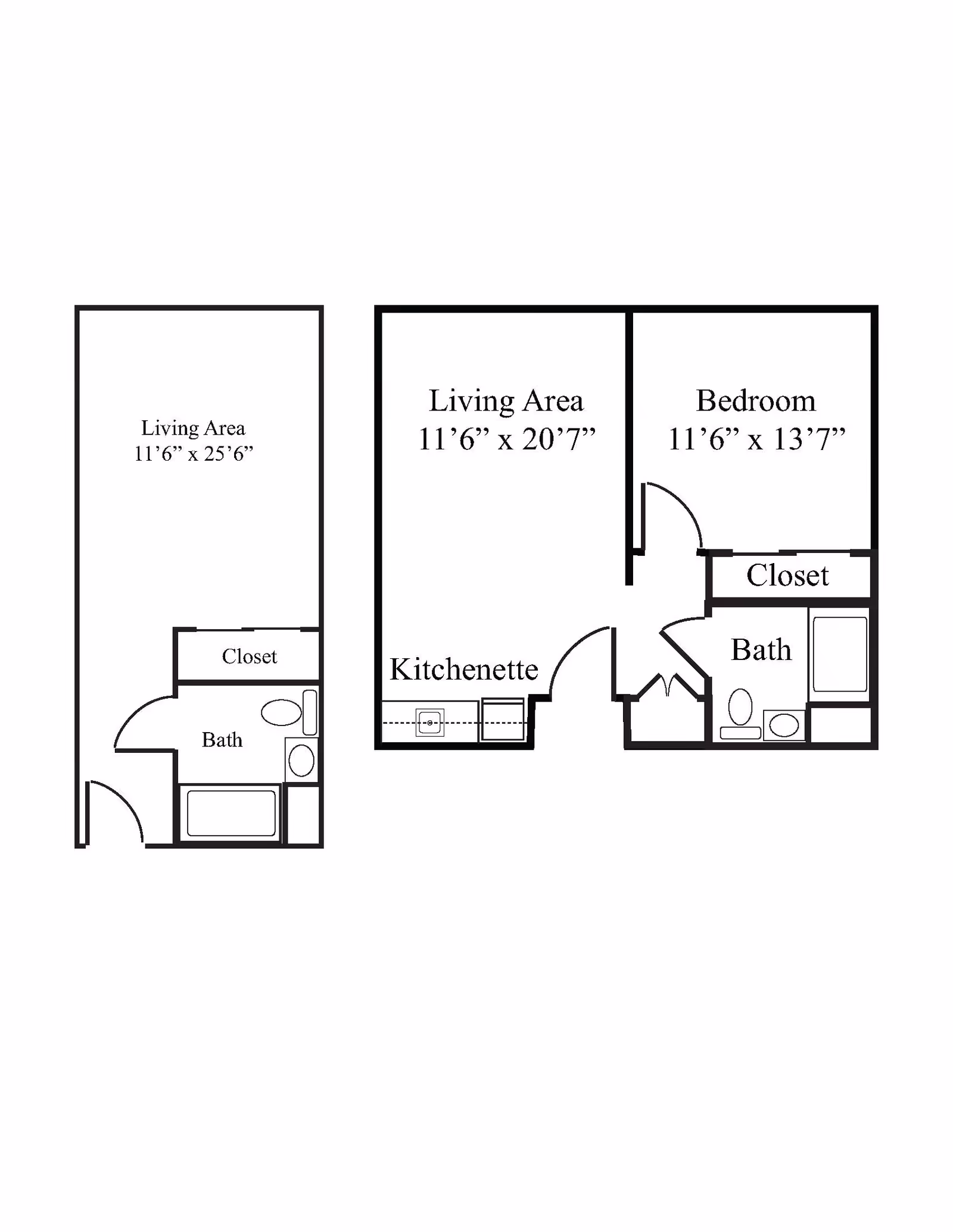Two architectural floor plans for senior living units. The first plan shows a living area measuring 11 feet 6 inches by 25 feet 6 inches, with a closet and a bathroom including a bathtub, toilet, and sink. The second plan shows a living area measuring 11 feet 6 inches by 20 feet 7 inches, a kitchenette, a bedroom measuring 11 feet 6 inches by 13 feet 7 inches with a closet, and a bathroom with a bathtub, toilet, and sink.