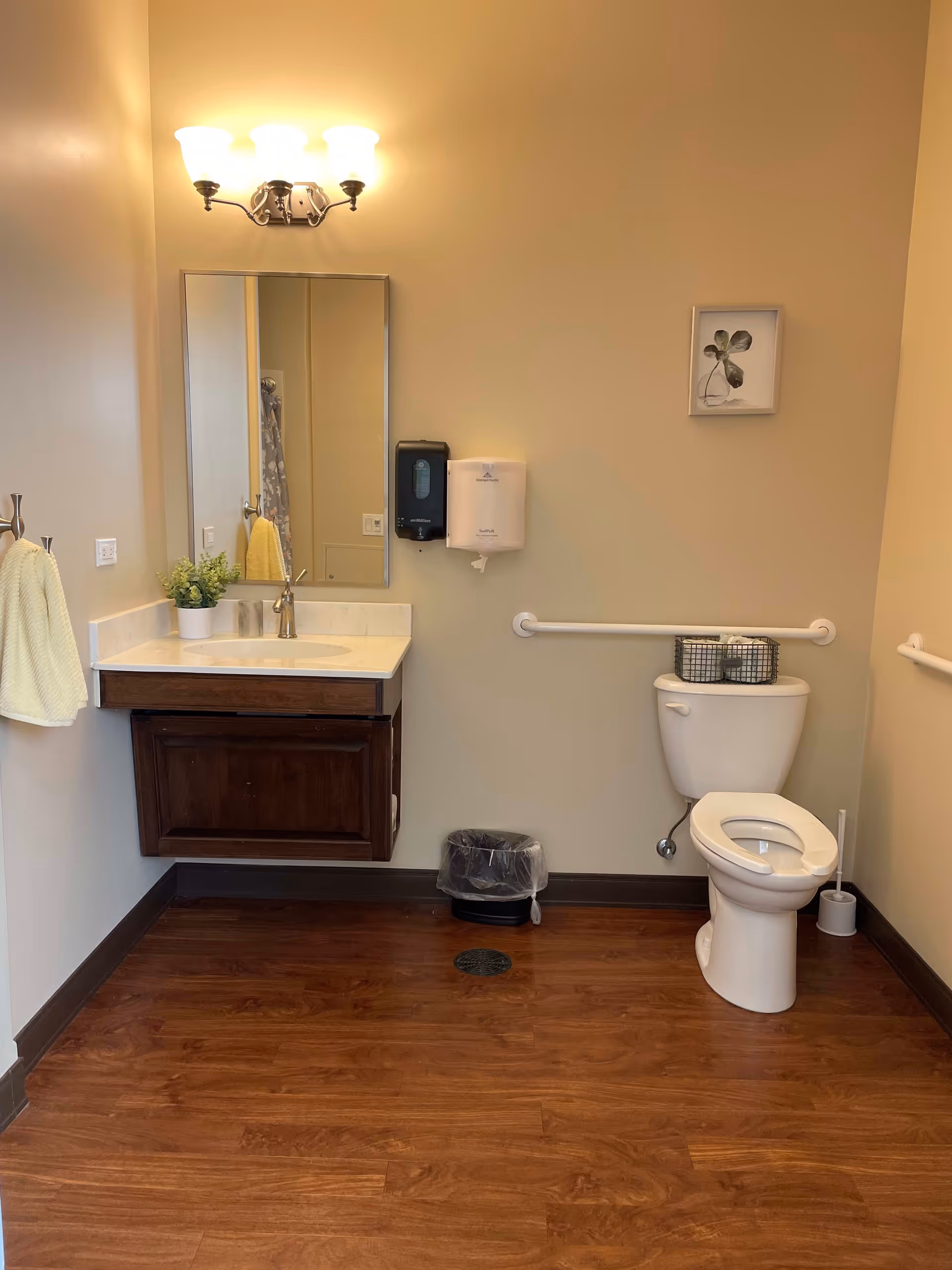 A clean and accessible bathroom with wooden flooring, a white toilet with grab bars on both sides, a toilet brush holder, a small trash can, and a sink with a dark wooden cabinet underneath. Above the sink is a rectangular mirror and a wall-mounted light fixture with three bulbs. There are also a soap dispenser and paper towel dispenser mounted on the wall, a small potted plant on the sink counter, a towel hanging on a hook, and a framed picture on the wall.