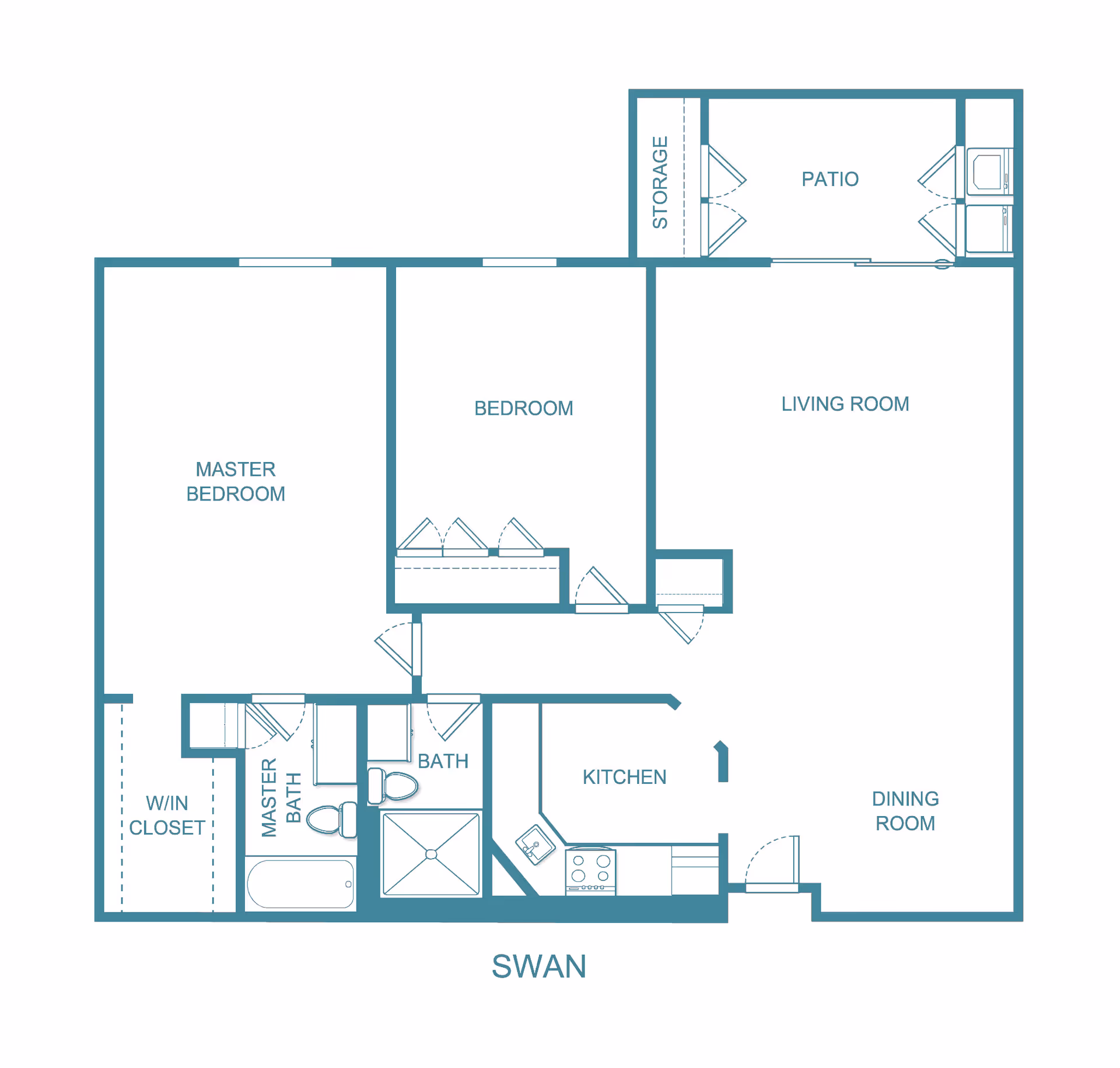 Architectural floor plan labeled Swan showing a layout with a master bedroom with walk-in closet and master bath, a second bedroom, a bathroom, kitchen, dining room, living room, patio, and storage area.