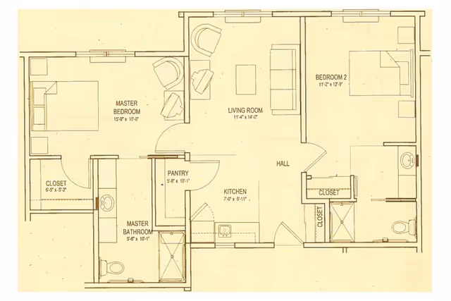 Architectural floor plan of a residential unit at The Bridge at Alamosa showing a master bedroom with closet and bathroom, a second bedroom with closet, a living room, kitchen, pantry, hall, and an additional bathroom.