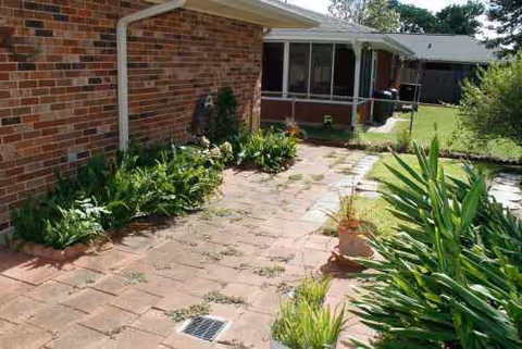 Brick exterior of Serenity Senior Residence with a paved courtyard and surrounding plants.