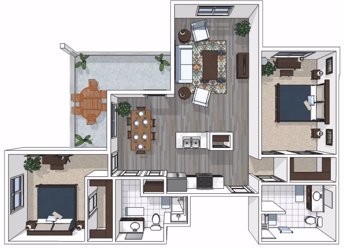 Top-down floor plan of a senior living apartment featuring two bedrooms, two bathrooms, a kitchen with an island and appliances, a dining area with a table set for six, a living room with seating and a TV, and an outdoor patio with a round table and chairs surrounded by plants.