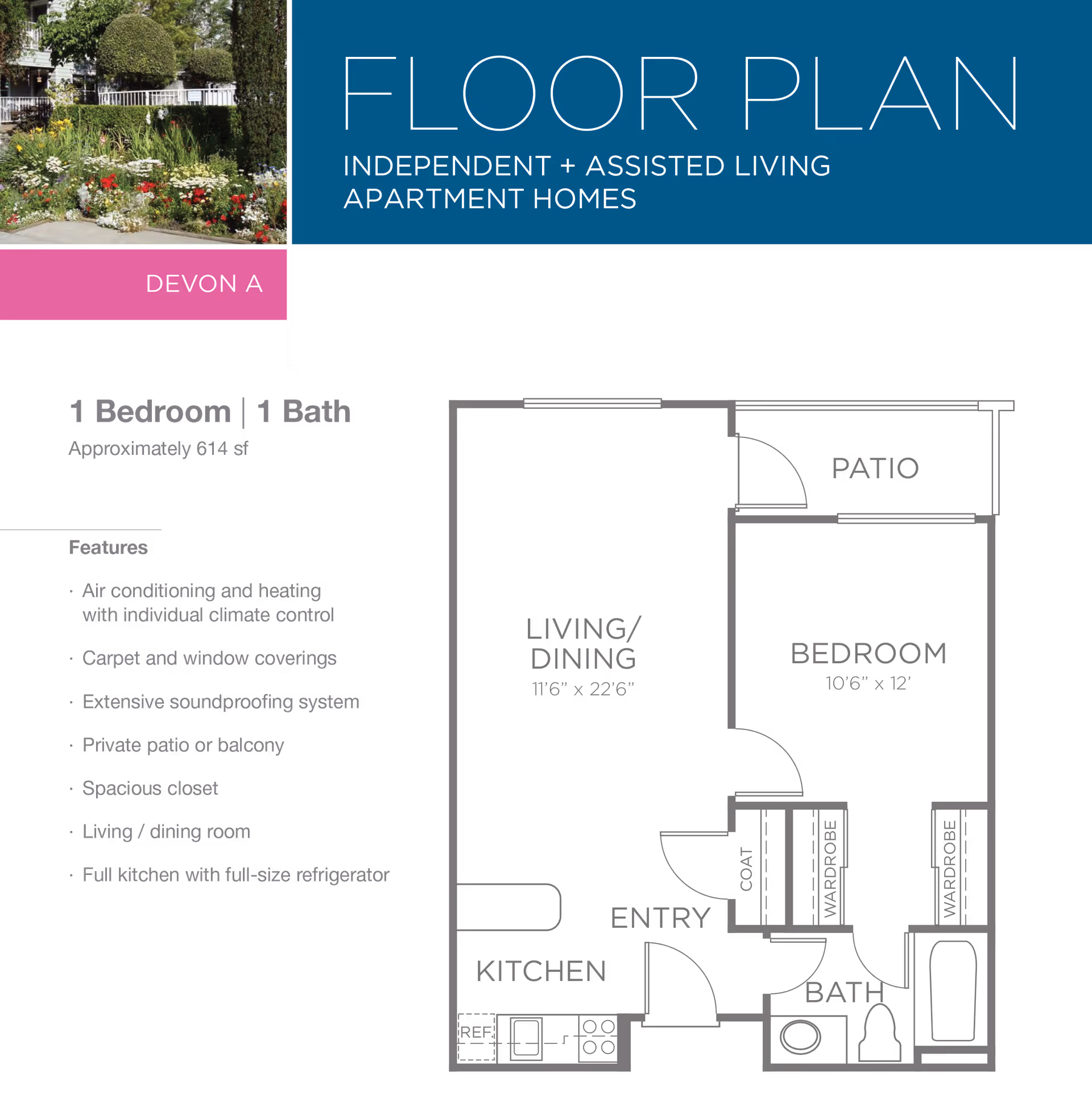 Floor plan for Byron Park independent and assisted living apartment homes, model Devon A. The layout includes 1 bedroom, 1 bathroom, living/dining area, kitchen, entry, coat closet, two wardrobes, and a private patio. Features listed include air conditioning and heating with individual climate control, carpet and window coverings, extensive soundproofing system, private patio or balcony, spacious closet, living/dining room, and full kitchen with full-size refrigerator.