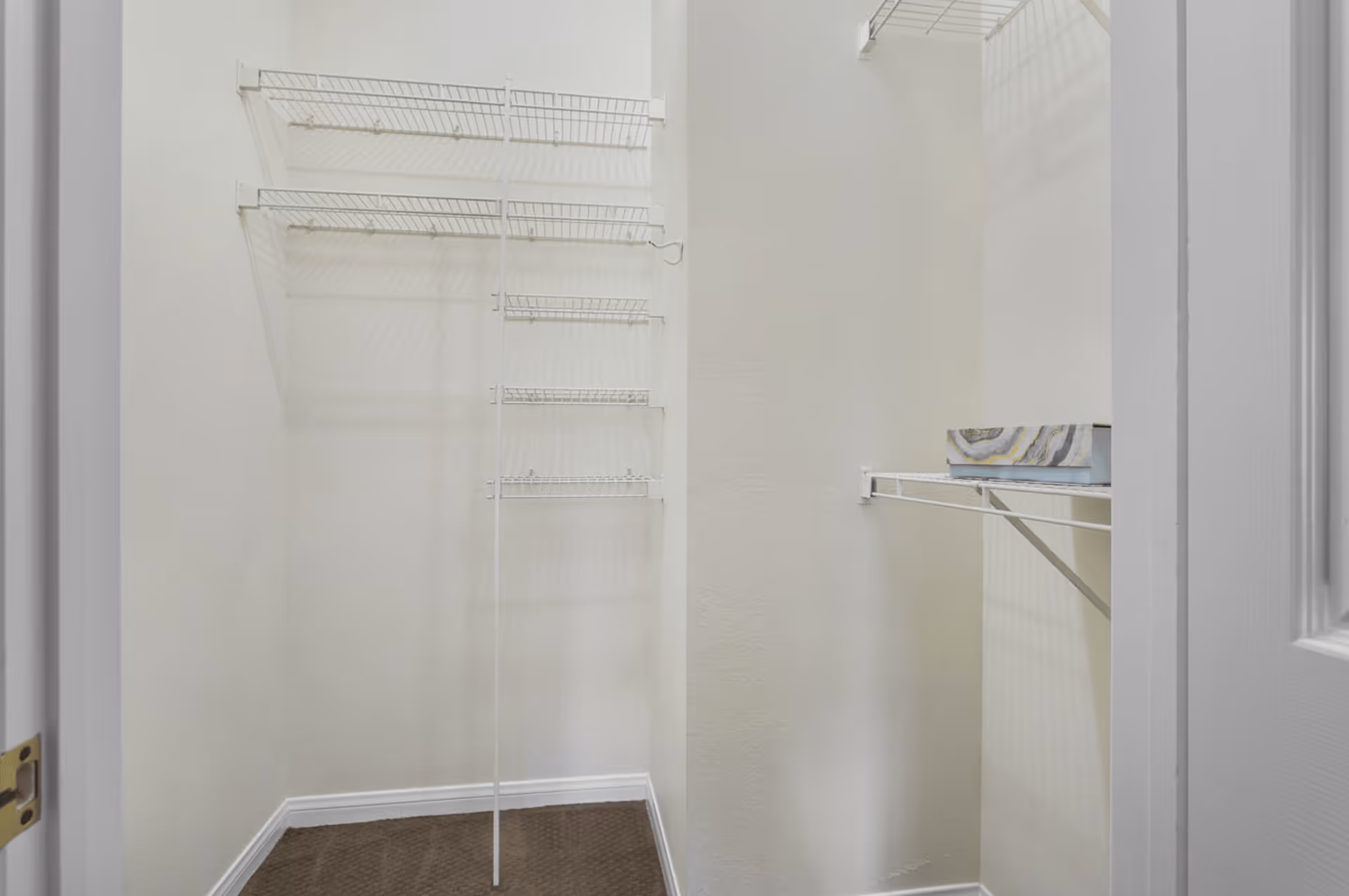 Empty walk-in closet with white wire shelving units on the walls and a brown carpeted floor.