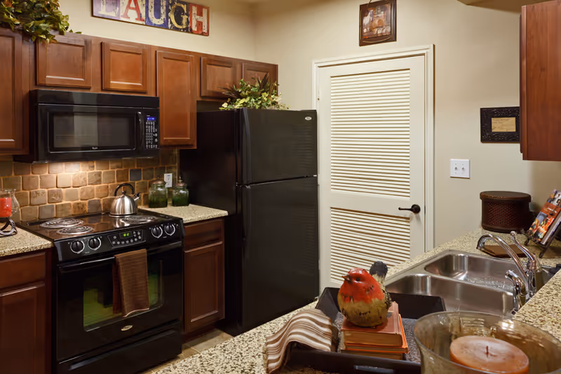 Small kitchen with dark wood cabinets, black refrigerator and stove, granite countertops and a sink, decorated with plants and a bird figurine.