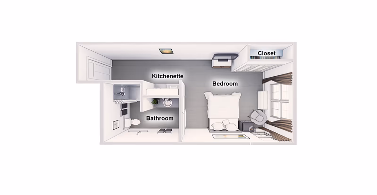 Top-down floor plan of a small studio unit showing a bedroom, kitchenette, bathroom, and closet.