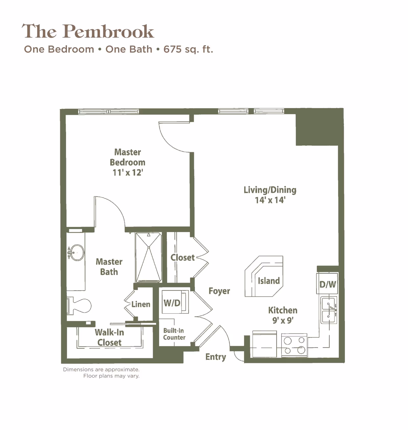 Floor plan of The Pembrook, a one-bedroom, one-bath apartment with 675 square feet. It includes a master bedroom measuring 11 by 12 feet, a master bath, a walk-in closet, a linen closet, a washer/dryer area, a built-in counter, a foyer, a living/dining area measuring 14 by 14 feet, a kitchen measuring 9 by 9 feet with an island and dishwasher, and an entry.