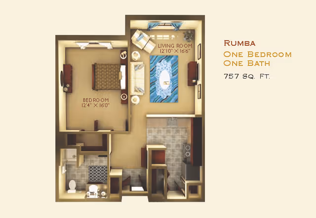 Floor plan of a one-bedroom, one-bath apartment named Rumba at Adante Independent Living, showing a bedroom measuring 12'4" x 16'0", a living room measuring 12'10" x 16'6", a kitchen, and a bathroom, with a total area of 757 square feet.