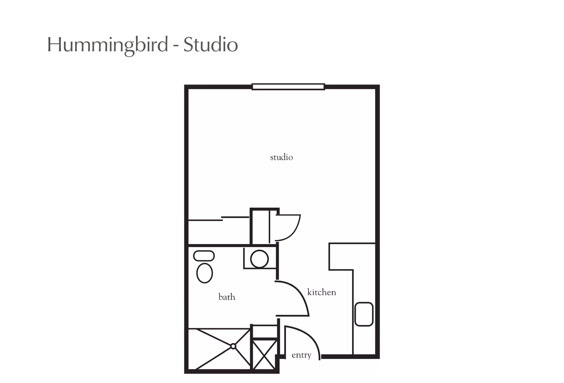 Black-and-white floor plan titled 'Hummingbird - Studio' showing a studio layout with labeled entry, kitchen, and bath.