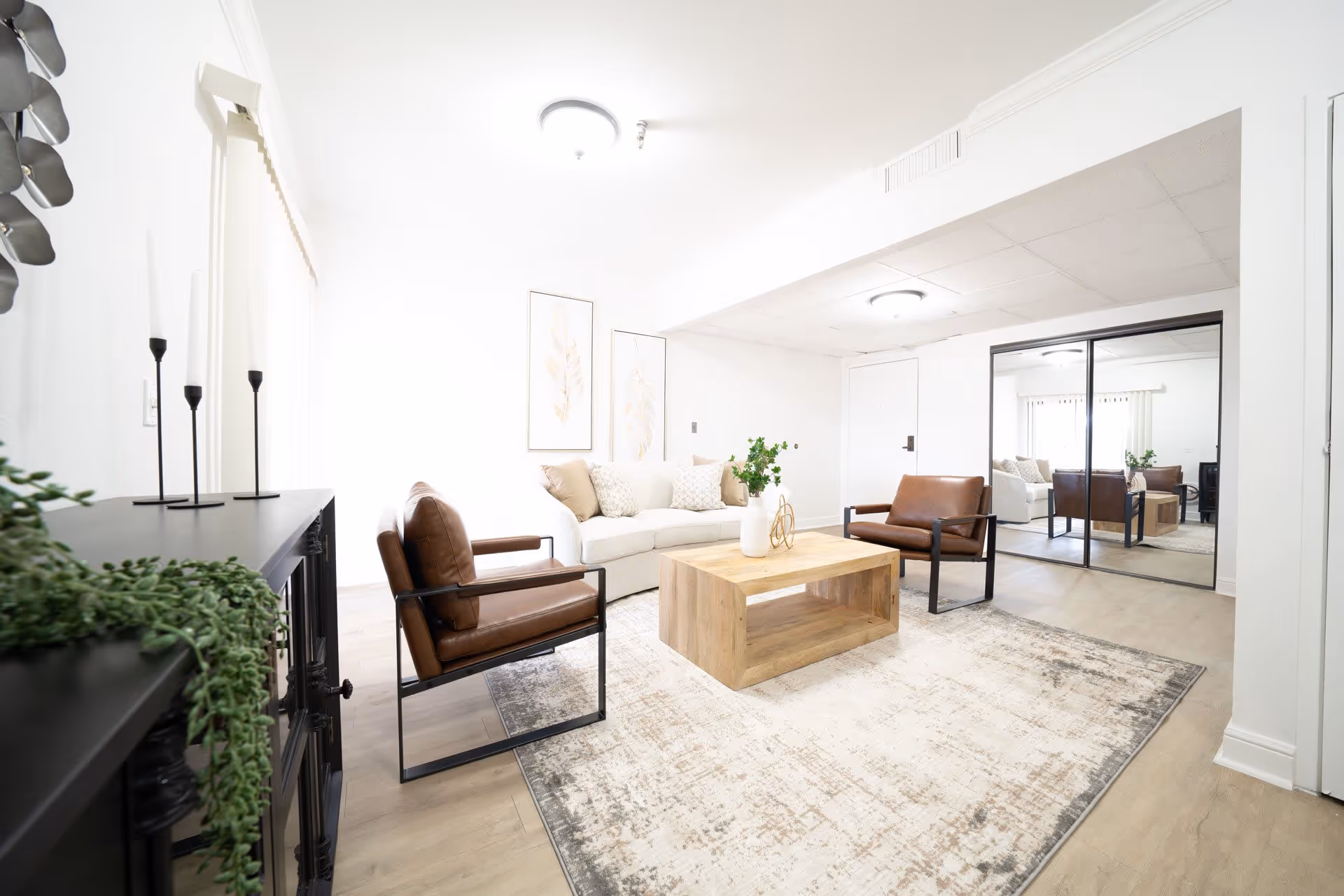 Bright and modern living room with a white sofa, two brown leather armchairs, a wooden coffee table with a white vase and green plant, a large area rug, mirrored closet doors, and minimalistic wall art.