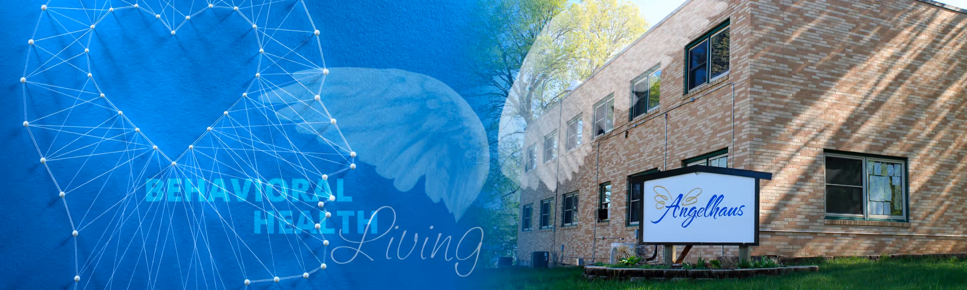 Exterior view of Angelhaus building with a blue mural and sign.