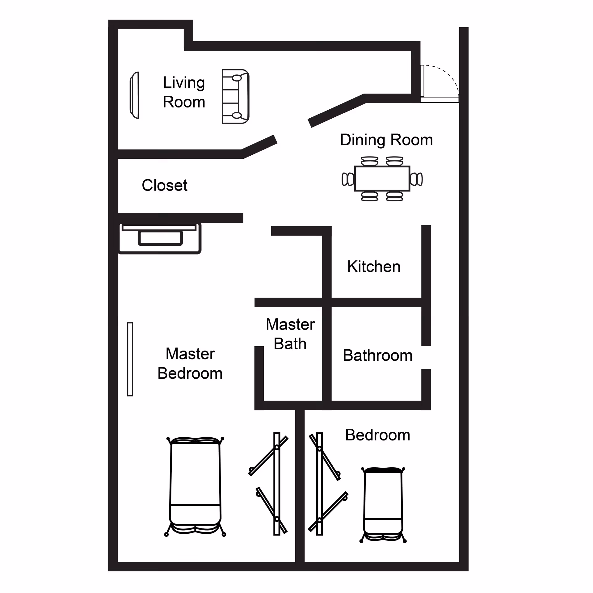 Floor plan of a residential unit at Provincial Glenville showing a living room, dining room, kitchen, master bedroom with master bath, additional bedroom, bathroom, and closet.