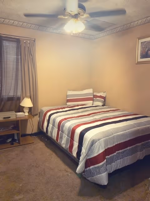 Small bedroom with a striped bed, nightstand with a lamp, a window with blinds and a ceiling fan.