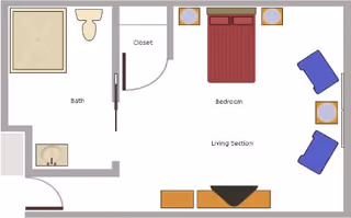 Floor plan of a living space labeled Preston Place II showing a bedroom with a bed and two nightstands, a living section with two chairs and a TV stand, a closet, and a bathroom with a shower, toilet, and sink.