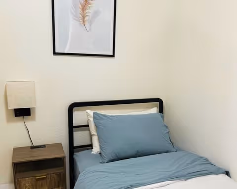 A small bedroom with a single bed against the wall, featuring blue bedding and white pillows. Next to the bed is a wooden nightstand with a woven basket on the lower shelf and a wall-mounted lamp above it. A framed artwork of a feather hangs on the wall above the bed.