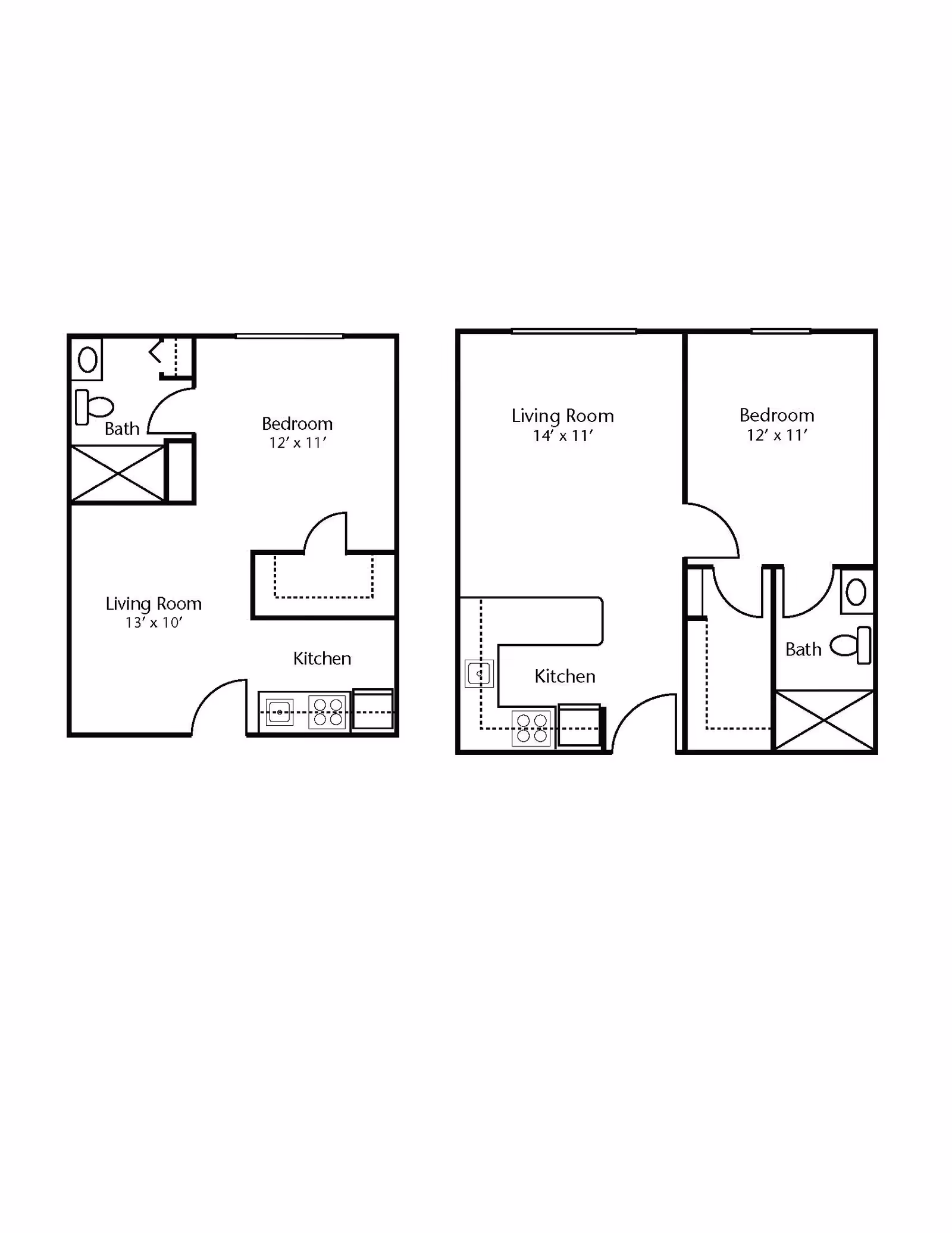 Two black and white architectural floor plans showing layouts of apartments with labeled rooms including bedroom, living room, kitchen, and bath with dimensions.