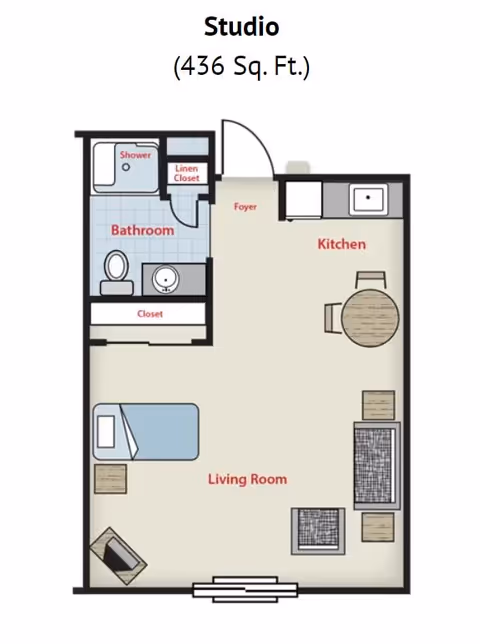 Studio floor plan (436 sq. ft.) showing a foyer, kitchen, bathroom with shower, closet/linen storage, and an open living/sleeping area with furniture.