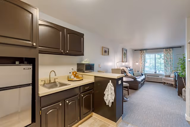 Studio apartment interior with a kitchenette featuring dark cabinets and a sink opening to a living area with a sofa and large window.