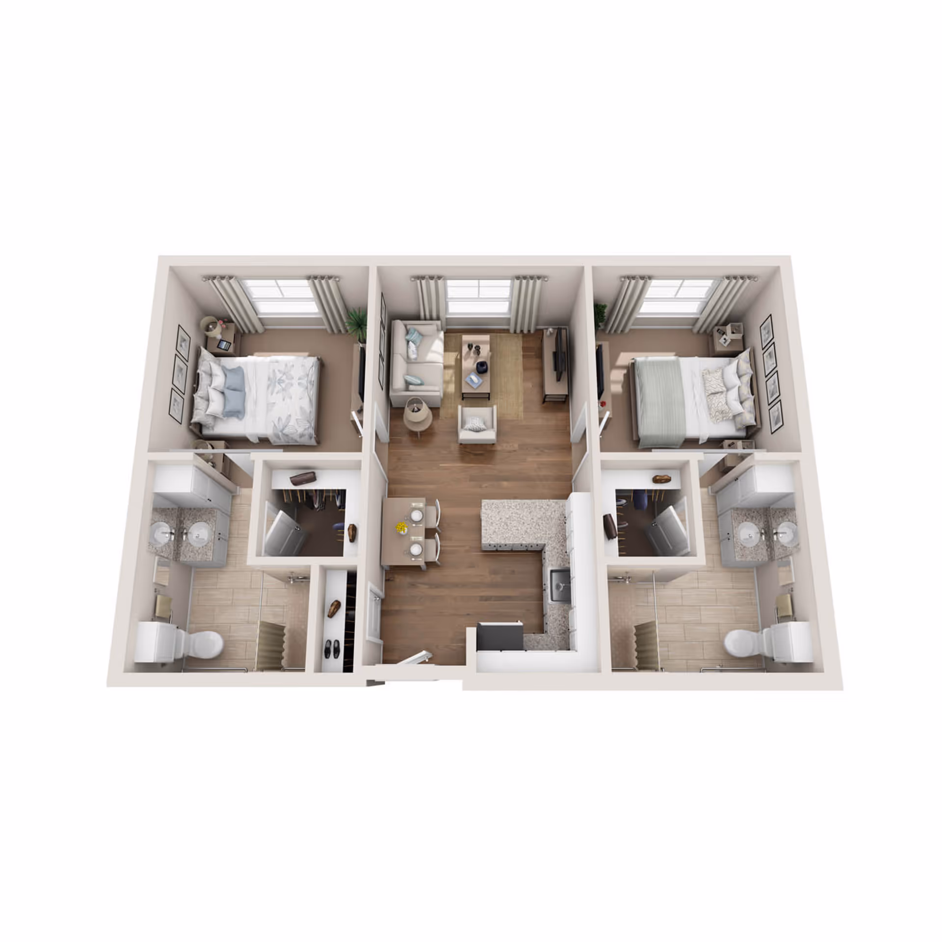 3D floor plan of an apartment with two bedrooms, two bathrooms, a living room, and a kitchen with a dining area. Each bedroom has a bed and side tables, and each bathroom has a toilet, sink, and shower. The living room has a sofa, armchair, coffee table, and TV. The kitchen includes a counter with a sink and appliances.
