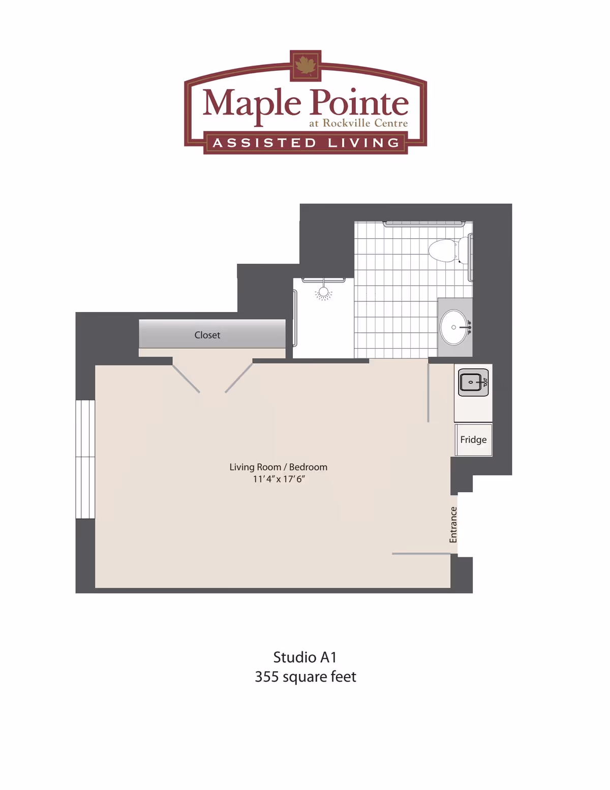 Floor plan of a studio apartment labeled Studio A1 with 355 square feet at Maple Pointe Assisted Living. The layout includes a combined living room and bedroom area measuring 11 feet 4 inches by 17 feet 6 inches, a closet, a bathroom with a shower, toilet, and sink, and a small kitchenette area with a fridge and sink near the entrance.