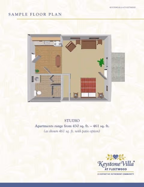 Sample floor plan of a studio apartment at Keystone Villa at Fleetwood, showing a layout with a kitchen, bathroom, living/sleeping area with a bed, chair, table, and a patio option.