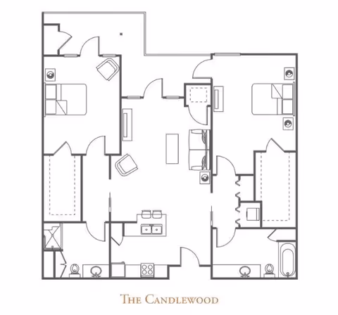 Architectural floor plan of The Candlewood unit at The Village of Tanglewood, showing two bedrooms, two bathrooms, a kitchen, and a living room area with furniture layout.