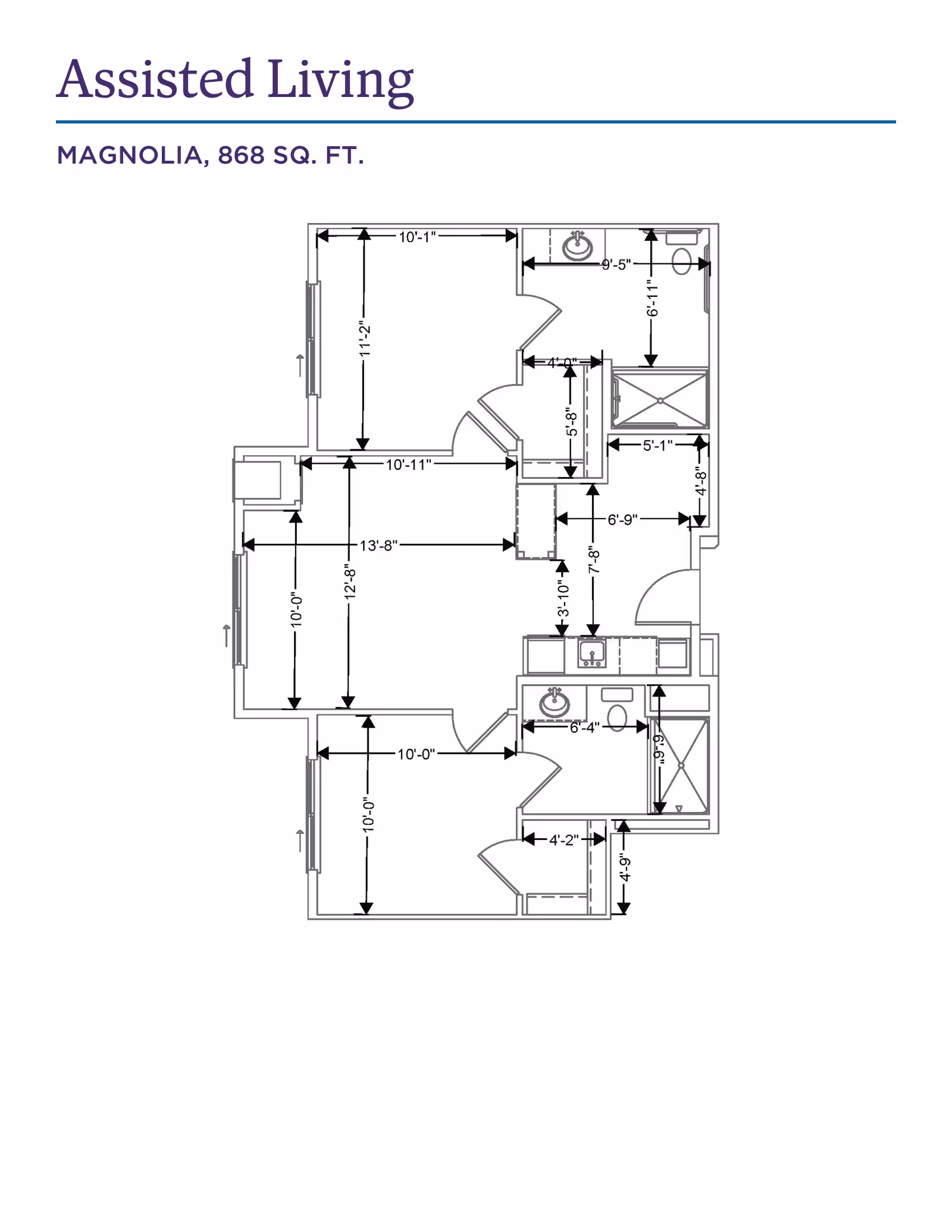 Floor plan layout for an assisted living unit named Magnolia with 868 square feet, showing room dimensions and arrangement including living areas, bedrooms, bathrooms, and kitchen space.