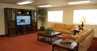A cozy living room with two beige sofas, a wooden coffee table with a plant centerpiece, a matching side table with a decorative lamp and flowers, a large dark wooden entertainment center with a flat-screen TV, and a potted plant near two windows with blinds.