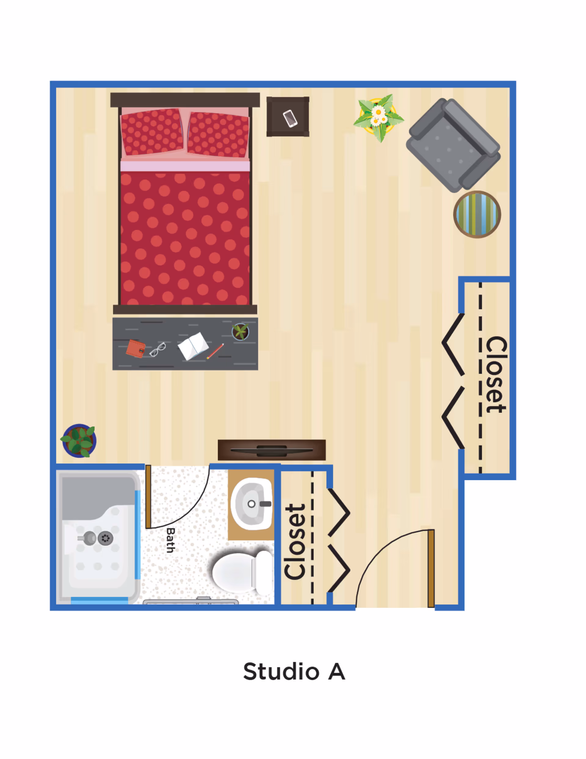 Floor plan of Studio A at Lassen House Senior Living showing a studio layout with a bed, nightstand, armchair, two closets, a bathroom with a bathtub, toilet, and sink, and a small table with items on it.