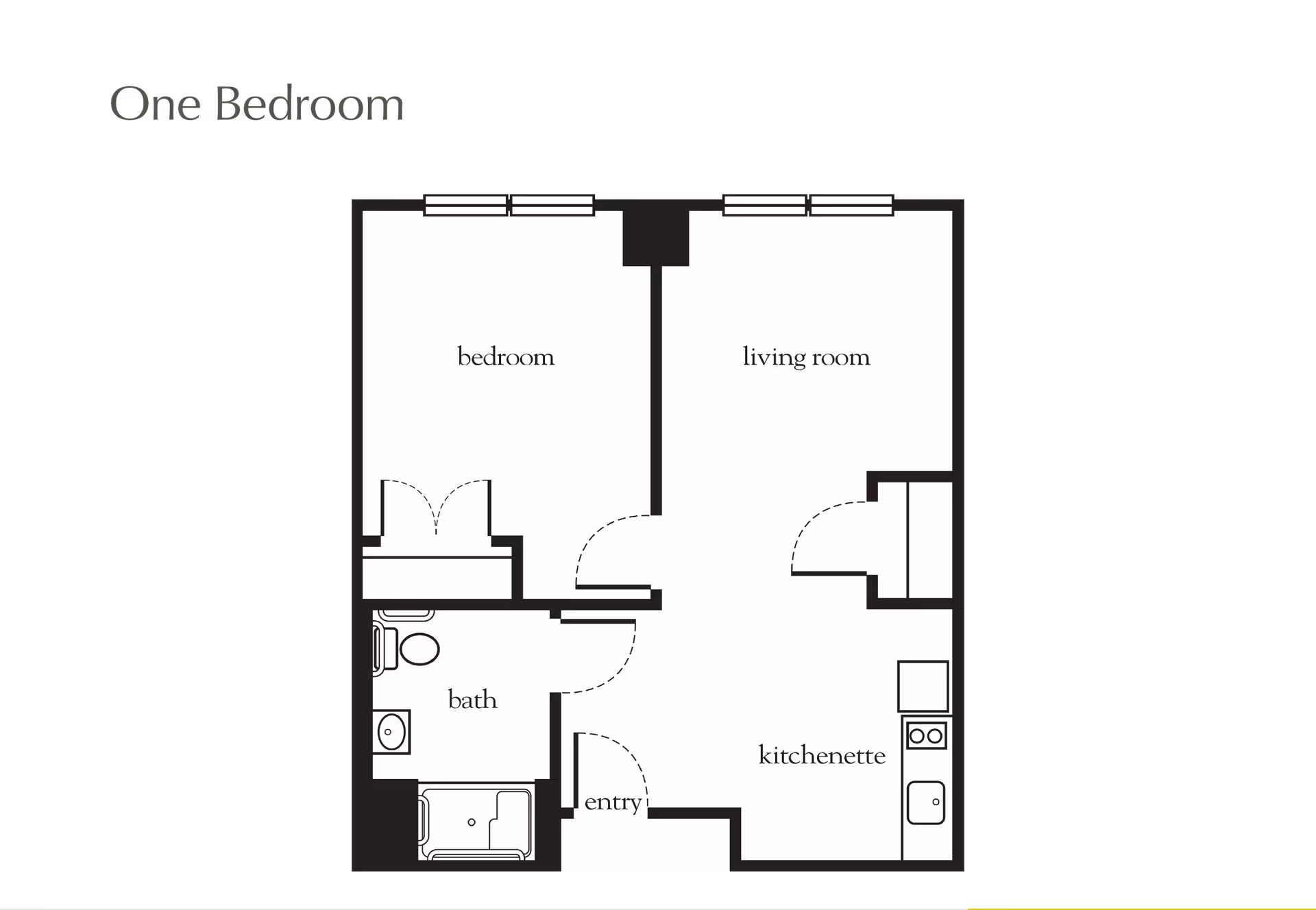 Floor plan layout of a one-bedroom apartment showing a bedroom, living room, bath, kitchenette, and entry area with doors and windows marked.