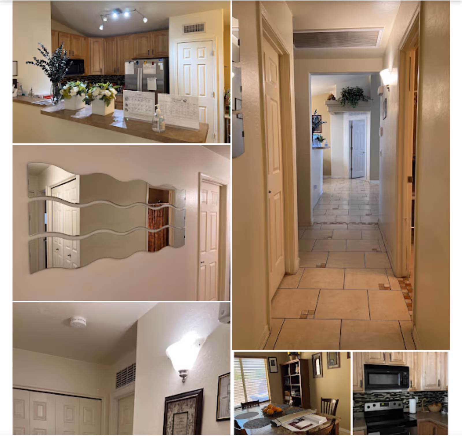 Collage of interior views from Sunrise Gardens Assisted Living LLC showing a kitchen with wooden cabinets, a hallway with tiled floor and beige walls, a decorative wavy mirror on a wall, a dining area with a table and chairs, and a close-up of a kitchen stove and microwave.