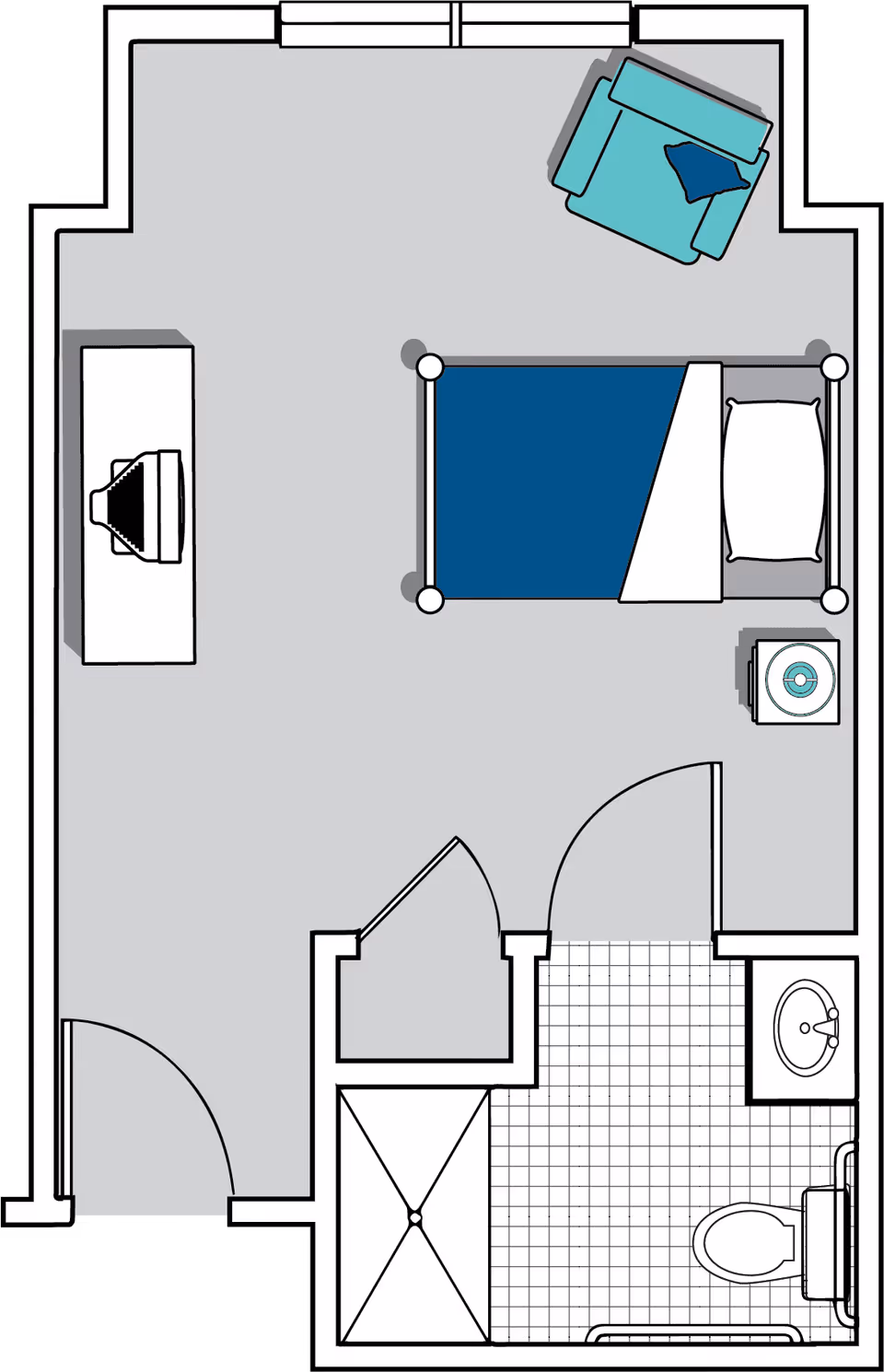 Floor plan of a senior living facility room at Oaks at Ellijay, showing a bedroom area with a bed, armchair, TV on a stand, and a bathroom with a shower, toilet, and sink.
