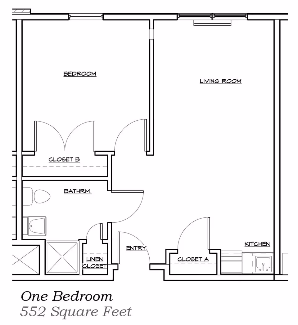Architectural floor plan of a one-bedroom apartment with 552 square feet, showing labeled areas including bedroom, living room, kitchen, bathroom, linen closet, entry, and two closets.