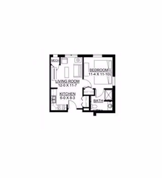 Floor plan of a one-bedroom apartment showing a living room, kitchen, bedroom, and bathroom with dimensions labeled.
