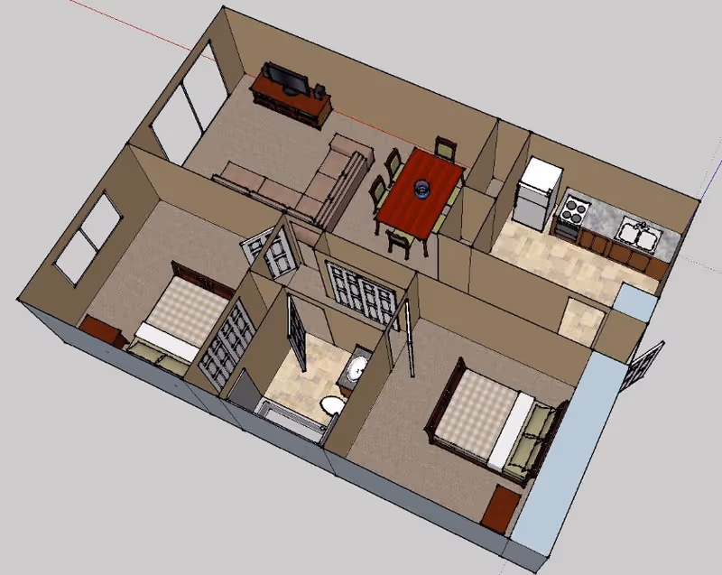 3D floor plan of an apartment showing two bedrooms, a bathroom, a kitchen, a dining area with a table and chairs, and a living room with a sectional sofa and TV stand.
