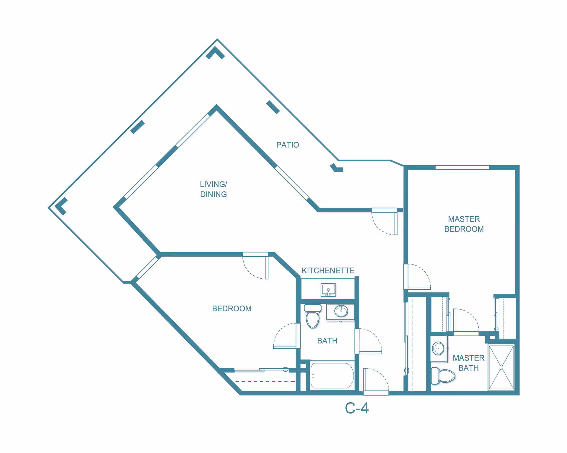 Architectural floor plan of a residential unit at Independence Village of Columbus, showing a master bedroom with master bath, a second bedroom, a bath, kitchenette, living/dining area, and a patio.